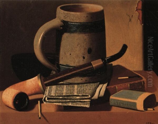 Still Life With Pipe, Beer Stein, Book And Matches Oil Painting by John Frederick Peto