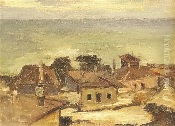 Houses At The Shore Oil Painting by Gheorghe Petrascu