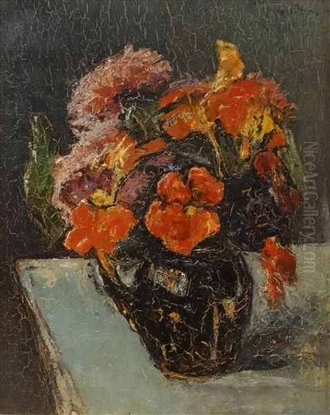 Pot With Red Flowers Oil Painting by Gheorghe Petrascu