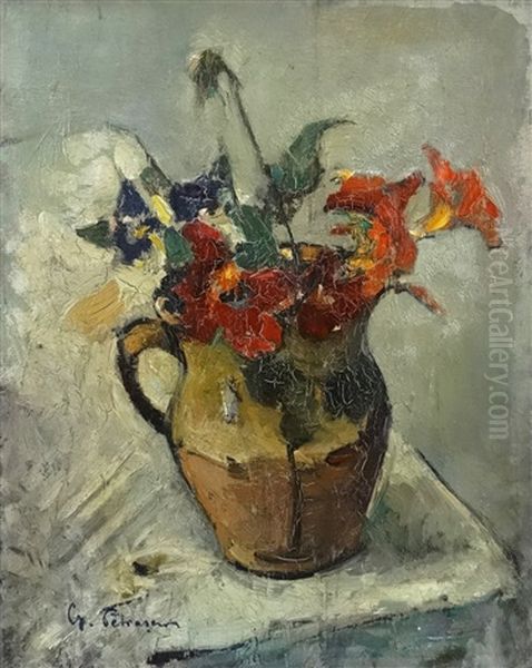 The Pot With Flowes Oil Painting by Gheorghe Petrascu