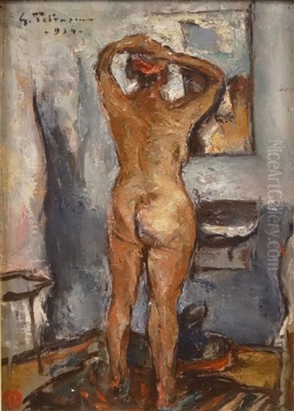 Nude At The Mirror Oil Painting by Gheorghe Petrascu