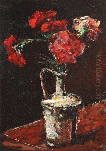 Garoafe Rosii Oil Painting by Gheorghe Petrascu