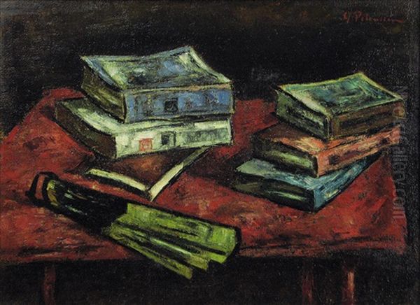 Still Life With Books And Fan Oil Painting by Gheorghe Petrascu