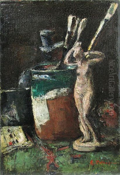 Still Life With Painting Brushes And Statuette Oil Painting by Gheorghe Petrascu