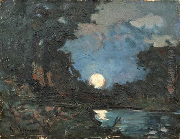 Paysage Lacustre, Reflets De Lune Oil Painting by Gheorghe Petrascu