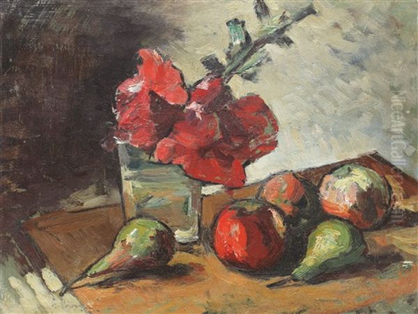 Still Life With Hollyhock And Fruits Oil Painting by Gheorghe Petrascu