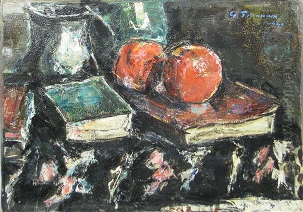 Still Life Whit Apples And Books, Oil On Cardboard Oil Painting by Gheorghe Petrascu