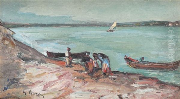 Fisherman Boats At The Shore Oil Painting by Gheorghe Petrascu