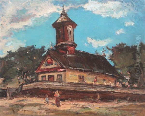 Landscape With Wooden Church Oil Painting by Gheorghe Petrascu