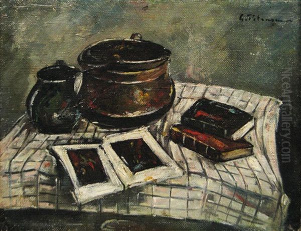 Still Life With Pan And Books Oil Painting by Gheorghe Petrascu