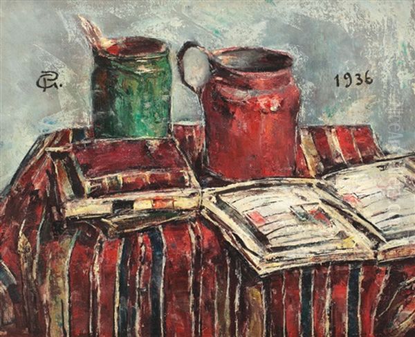 Still Life With Paintbrushes, Books And Carafe Oil Painting by Gheorghe Petrascu