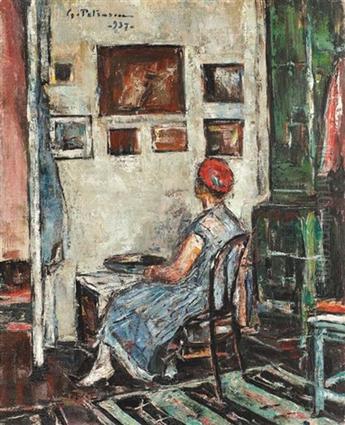 Inside The Workshop (blue Dress) Oil Painting by Gheorghe Petrascu