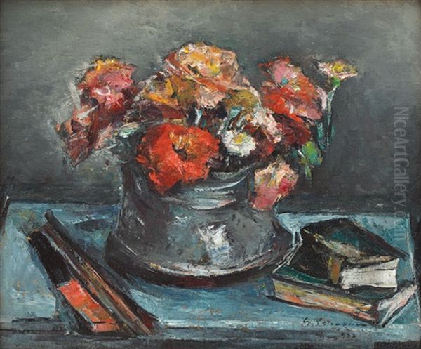 Still Life With Flowers And Books Oil Painting by Gheorghe Petrascu