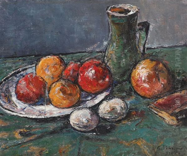 Still Life With Fruits, Vase And Book Oil Painting by Gheorghe Petrascu