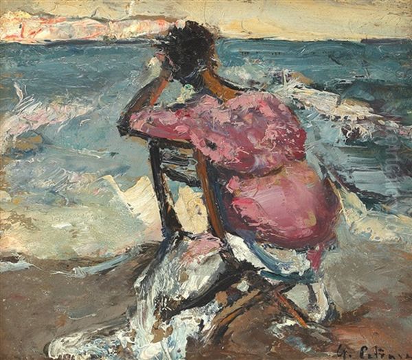 Woman By The Sea Oil Painting by Gheorghe Petrascu