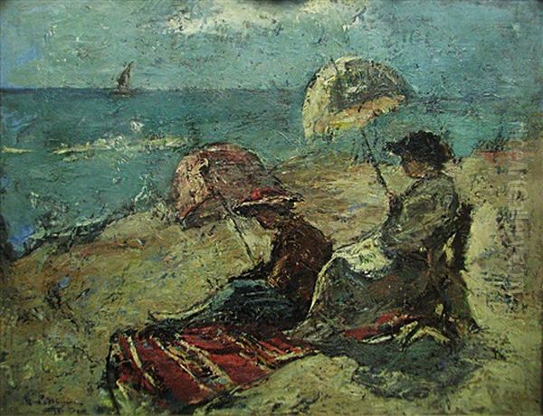 On The Cliff Under The Umbrella Oil Painting by Gheorghe Petrascu