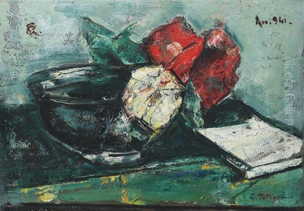 Still Life With Peonies And Book by Gheorghe Petrascu