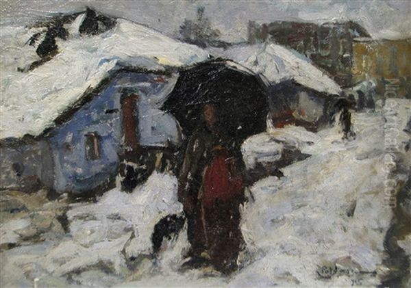 Lucretia On The Snowy Road Oil Painting by Gheorghe Petrascu