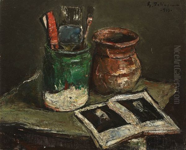 Still Life With Pot, Brushes And Art Book Oil Painting by Gheorghe Petrascu