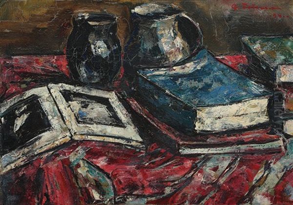 Still Life With Books Oil Painting by Gheorghe Petrascu