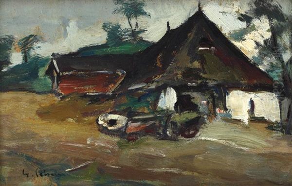 Farm Oil Painting by Gheorghe Petrascu