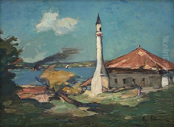 Mosque In Ada-kaleh Oil Painting by Gheorghe Petrascu