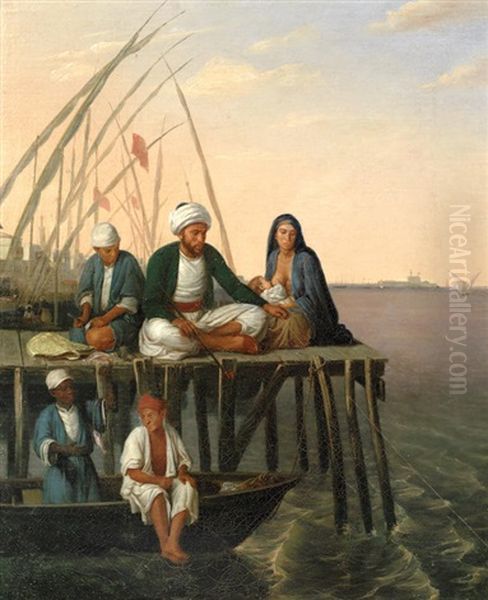 Fishing On A Pier, Alexandria, Egypt Oil Painting by Pierre Mathurin Petraud