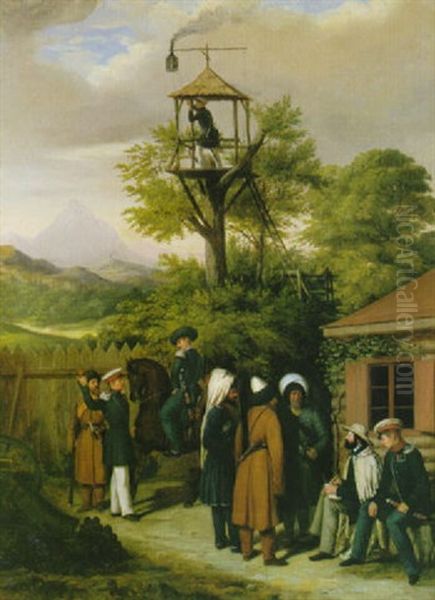 Officers At A Military Outpost During The Crimean War Oil Painting by Pierre Mathurin Petraud