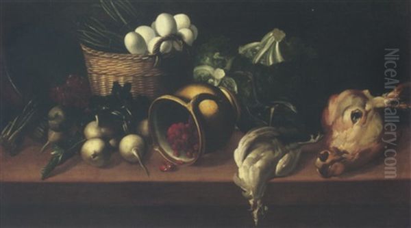 Still Life Of Eggs And Asparagus In A Wicker Basket, Together With Raspberries In An Upturned Jug, Turnips, Cabbages And Others, Upon A Table Top Oil Painting by Astolfo Petrazzi