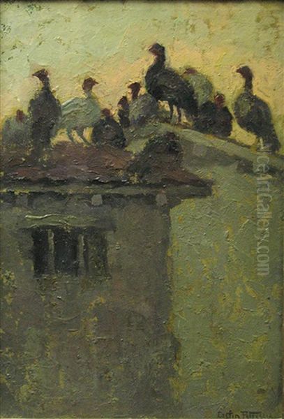 Gallinacea On The Roof Oil Painting by Costin Petrescu