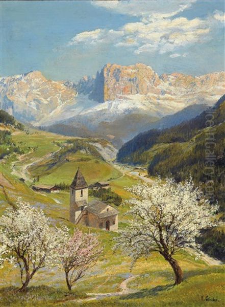 View Of Sankt Zyprian In Tiers With The Rosengarten In The Background Oil Painting by Konrad Petrides