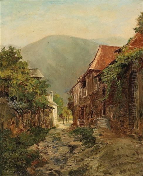 Village Street Oil Painting by Konrad Petrides