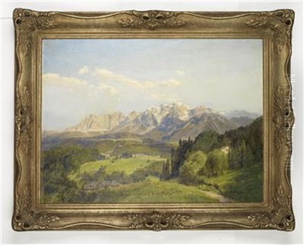 Landschaft Mit Bauernhauser Im Hintergrund Der Wilde Kaiser Oil Painting by Konrad Petrides