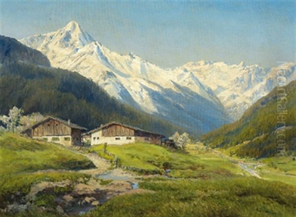 Tal Im Fruhling, Im Hintergrund Berge Im Schnee Oil Painting by Konrad Petrides