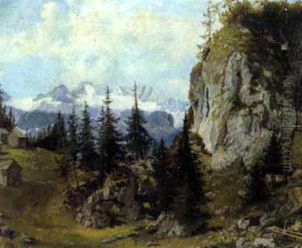 Blick Von Einer Alm Auf Schneebedeckte Berge Oil Painting by Konrad Petrides