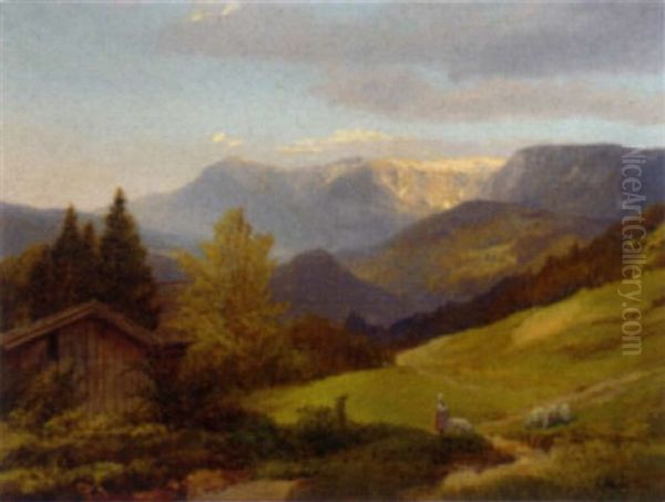 A Shepherdess In An Alpine Landscape Oil Painting by Konrad Petrides