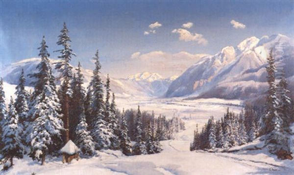 Austrian Alpine View Oil Painting by Konrad Petrides