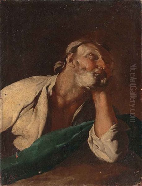 A Philosopher, Half-length, In A White Shirt And Blue Wrap Oil Painting by Giuseppe Antonio Petrini