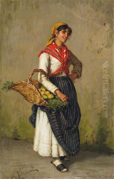 Junge Italienerin Mit Gemusekorb Oil Painting by Arturo Petrocelli