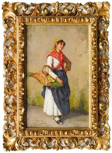 Young Italian Woman With A Basket Oil Painting by Arturo Petrocelli