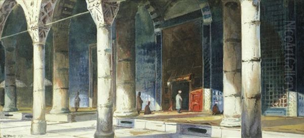 An Interior View Of Hagia Sophia, Istanbul Together With Two Exterior Views Of The Blue Mosque By The Same Hand Oil Painting by Wladimir Petroff