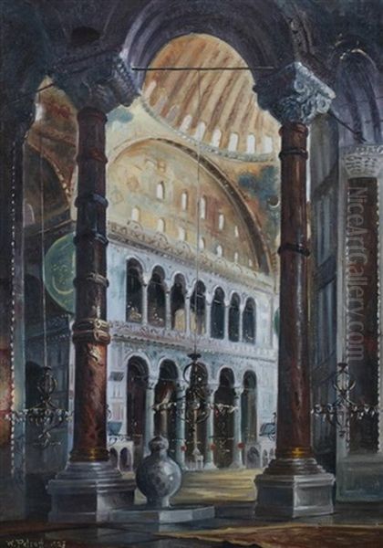 Basilica Interior: Gold Oil Painting by Wladimir Petroff