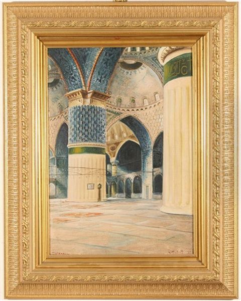 Interior Of The Sultan Ahmed Ii Mosque, Instanbul (+ The Rustem Pacha Mosque; Pair) Oil Painting by Wladimir Petroff