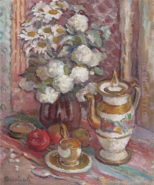 Still Life Of Flowers In A Vase With A Teapot Oil Painting by Petr Ivanovich Petrovichev