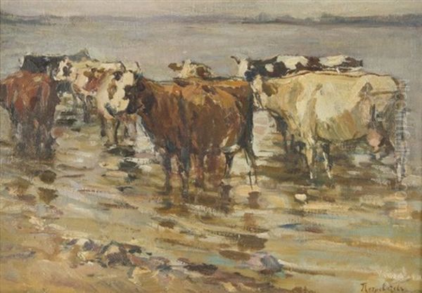 Cows Drinking Water Oil Painting by Petr Ivanovich Petrovichev