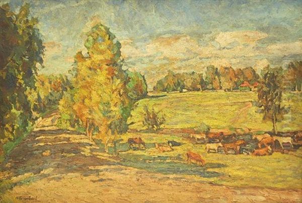 Weidevieh In Weiter Herbstlicher Landschaft Oil Painting by Petr Ivanovich Petrovichev