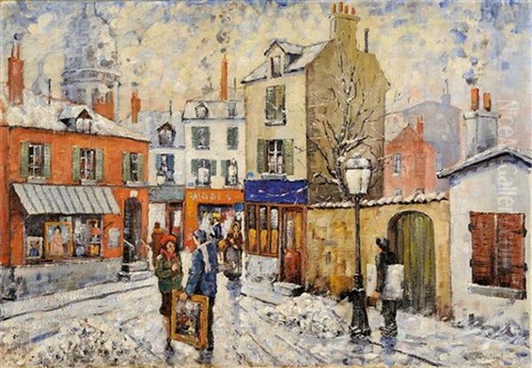 Rue Animee De Montmartre Sous La Neige Oil Painting by Petr Ivanovich Petrovichev