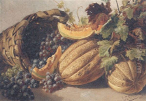 Melons And Grapes With A Basket Oil Painting by Ladislaus Eugen Petrovits