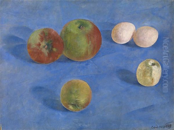 Still Life. Apples And Eggs Oil Painting by Kuz'ma Sergeevich Petrov-Vodkin