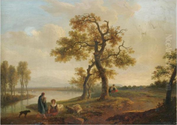 A River Landscape With Peasants Resting By The Water With Their Sheep Oil Painting by Jean-Baptiste Bocquet